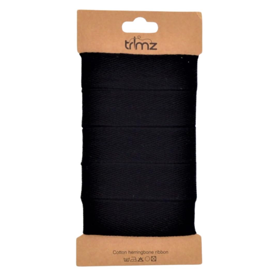 Trimz Single Herringbone Cotton Ribbon, Black, 25mm x 5m