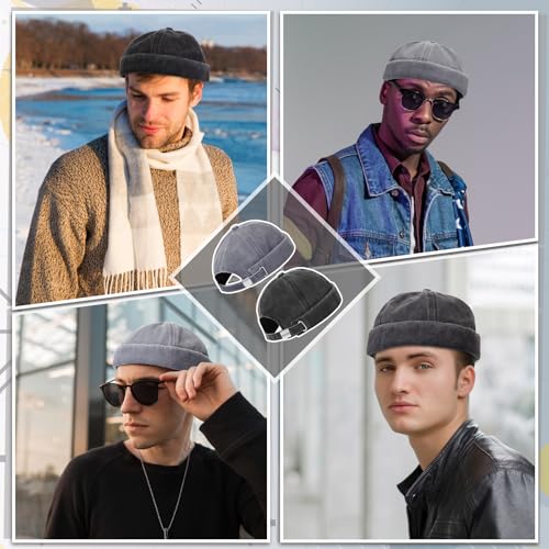 Image of SATINIOR 2 Pieces Brimless Hats for Men Adjustable Docker Cap Casual No Brim Hat Rolled Cuff Sailor Skullcap