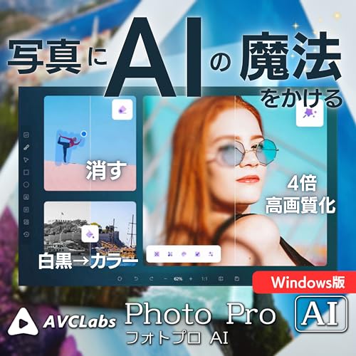 AVCLabs PhotPro AI Windows版 AI特化の写真編集ソフト 切り抜き 消しゴム 画像編集 白抜き加工 カラー化 高解像度化|ダウンロード版
