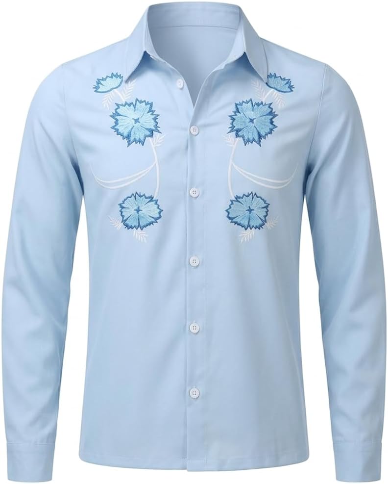 Men's Napoleon Cosplay Dynamite Costume Pedro Bomb Blue Shirts Printed Long Sleeve Casual Shirts with Bolo Tie