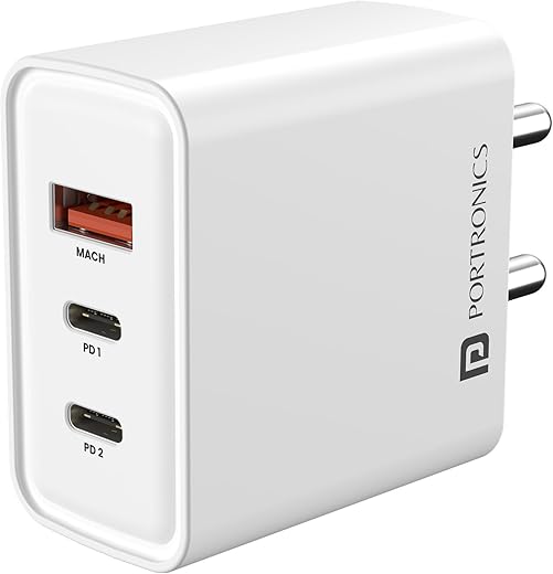 Portronics 65W Adapto 65M Triple Port Fast Charging Laptop Adaptor, 2 x Type C PD Port,1 x USB-A Port, GaN Technology, Compatible with Laptops, Smartphones, Tablets, MacBooks, iPads(White)