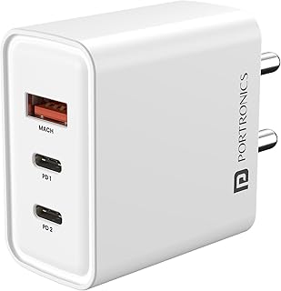 Portronics 65W Adapto 65M Triple Port Fast Charging Laptop Adaptor, 2 x Type C PD Port,1 x USB-A Port, GaN Technology, Compatible with Laptops, Smartphones, Tablets, MacBooks, iPads(White)