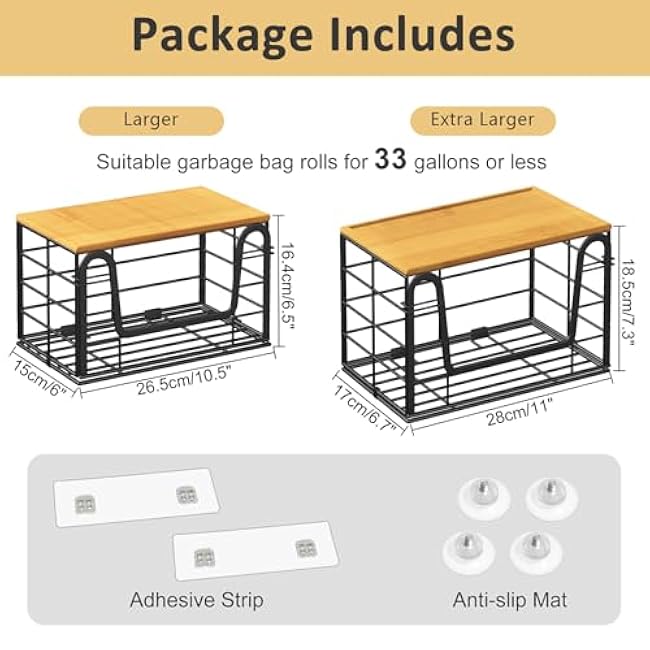 2 Pack Trash Bag Holder - Extra Large Stackable Storage for Kitchen Pantry Laundry Room Organization, Wall Mount Garbage Bag Dispenser with Bamboo Top for Under Sink Organizer, Fits 13/30/33 Gallons