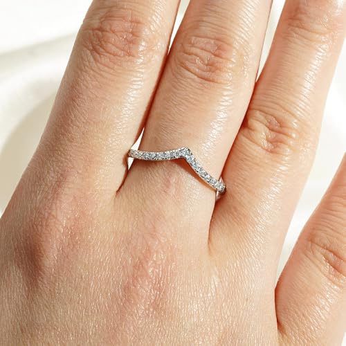 MSBLUE Curved V Moissanite Wedding Band Ring with 14K White Gold Vermeil, Rhodium Finish4