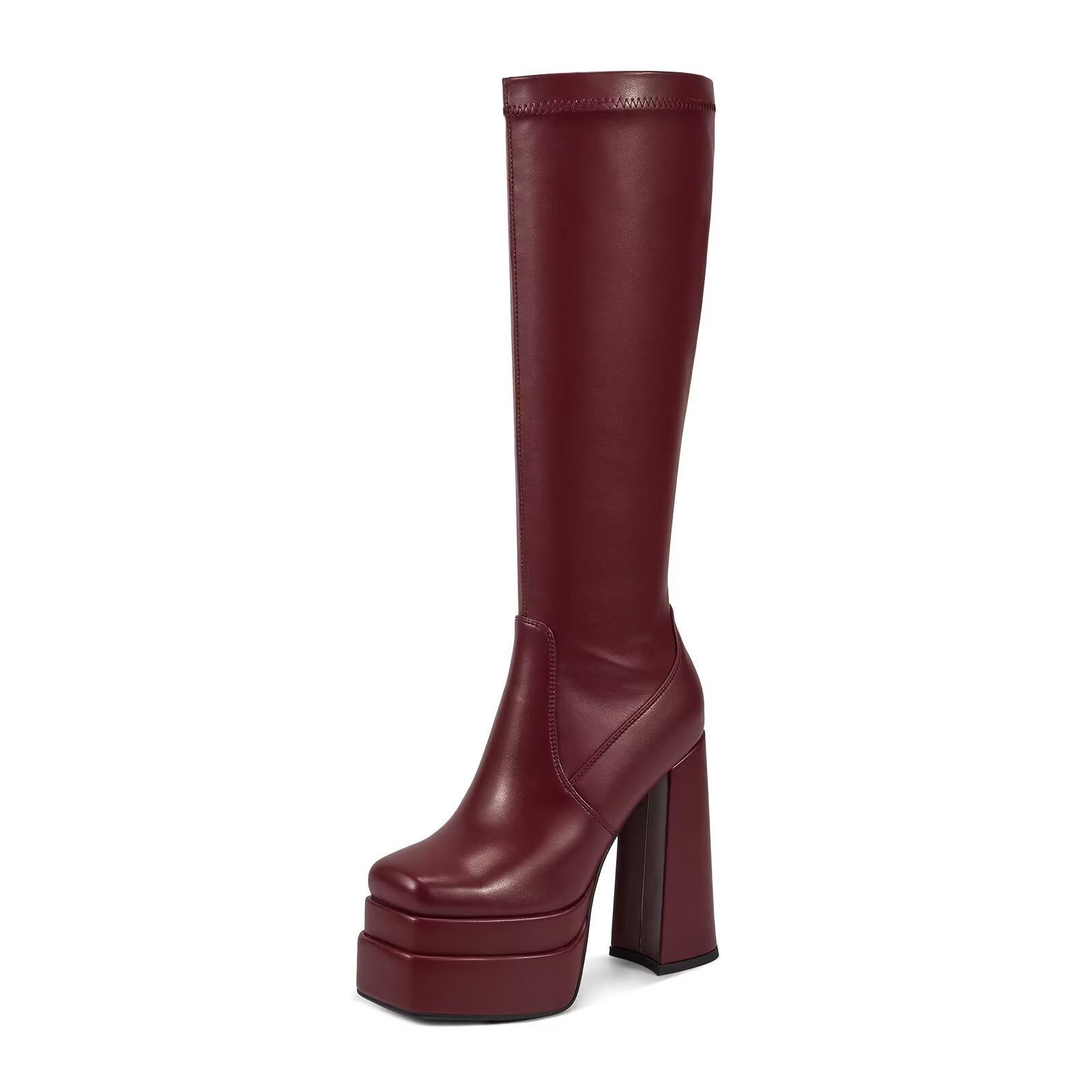 wetkiss Platform Knee High Boots Women Chunky High Heel Black Boots for Women Gogo Boot with Side Zipper Stretchy Boot Not for Bigger Wide Calf