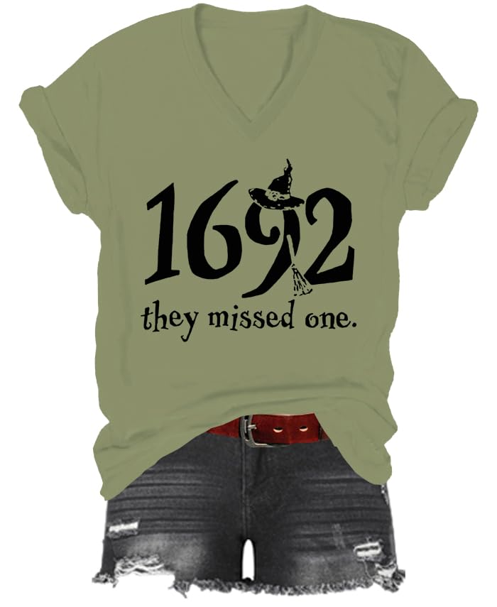 1692 They Missed One Shirt Witch 1692 They Missed One T-Shirt Halloween Graphic Print Women Men V-Neck Tshirt Green