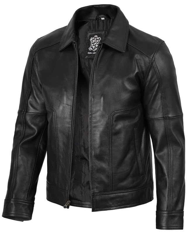 Image of Decrum Vintage Style Mens Leather Jacket - Real Lambskin Classic Shirt Collar Leather Jackets for Men