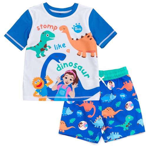 Ms. Rachel Dinosaur UPF 50+ Rash Guard and Swim Trunks Outfit Set Infant to Little Kid Sizes (12 Months - 5)