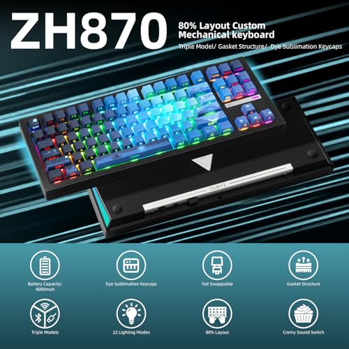 Image of ZORNHER ZH870 Wireless Mechanical Gaming Keyboard,80% Blue Custom Creamy Sound Keyboard with Lighted Up Dye Sublimation PBT Keycaps,Pre-lubed Linear Switches,Hot-Swappable,RGB Backlit