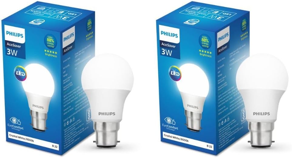 Philips 3-watt LED Bulb | AceSaver LED Bulb | Base: B22 Light Bulb for Home | Crystal White, Pack of 2