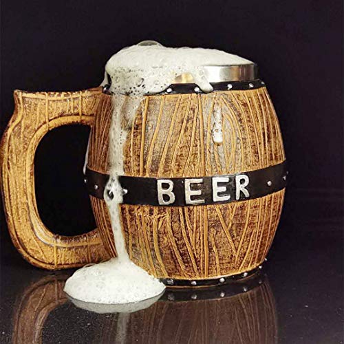 Stainless Steel Beer Stein Mug Handmade Beer Mug Oak Imitation Wood Letter Line Stainless Steel Cup Natural Eco-Friendly Barrel Brown Mug 17 Ounce LINE
