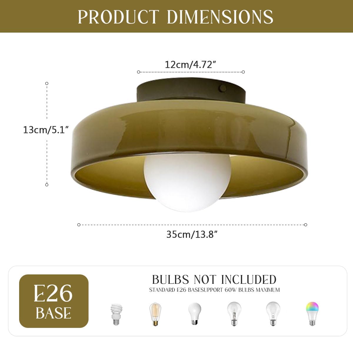 Green Ceiling Light Fixture Hallway Flush Mount Ceiling Light Mid Century Modern Ceiling Lamp with Round Dome Glass Shade, Vintage Glass Ceiling Light for Dining Bedroom Kitchen 13.8in