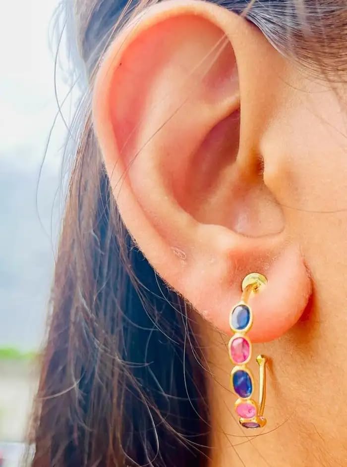VR Jewels 14k Solid Yellow Gold 4.32 Cts Multi Sapphire Bezel Hoop Earrings Gifts- C Hoops For Girlfriend- Certified Gemstone Jewelry