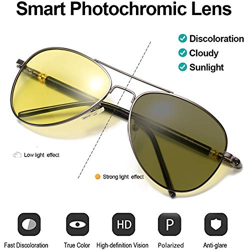 Sodqw Aviator Photochromic Night-Vision Glasses, Polarized Outdoor Sports Driving Sunglasses For Men, Uv 400 Protection (Gun Frame/Yellow Photochromic Polarized Lens) #TOP1