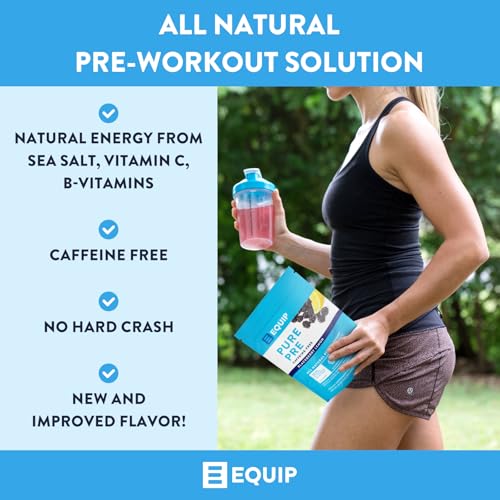 Image of Equip Foods Pure Pre All Natural Pre-Workout Powder | Caffeine Free, EAA, Vitamin C, B6, B12, L-carnitine, Agnine | Naturally Boosts Workouts | 30 Servings, BlackBerry Lemon Decaffeinated