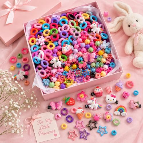 Image of Plutify (190) Pcs Rakshabandhan gift for sister kids Baby Girl Hair Accessories Combo for Kids & Toddlers - 120 Soft Elastic Hair Bands, 10 Cartoon Clips, 20 Mini Claw Clips, 30 Hair Beads ties & 10 Fruit Tic Tac Clips | Cute Multicolor Hair Accessories Set for Girls | (0-5 Years) (Rainbow, Fruity)
