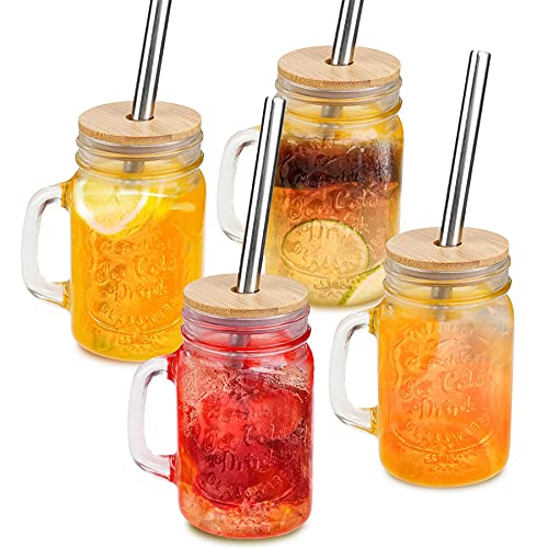 Mason Jar With Handle, Regular Mouth Mason Jars 16 Oz, Mason Jar Cups with Lids and Straws, Set of 4 Mason Jar Drinking Glasses