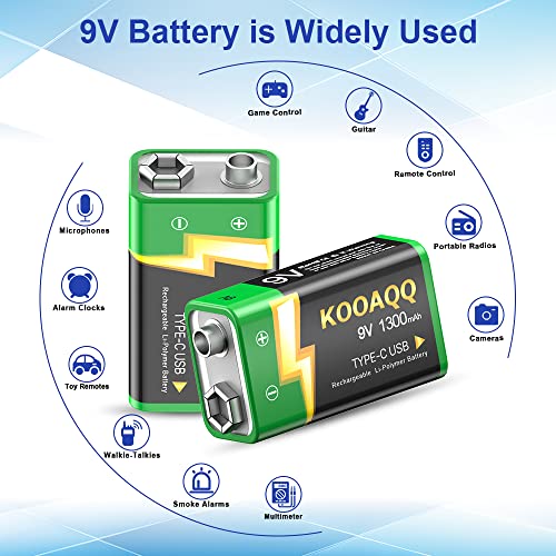 Image of 1-Pack Rechargeable 9v Batteries, USB-C Recharge 1300mAh 9 Volt Lithium-ion Long Lasting Power for SmokAlarms, Microphones, Multimeters, Walkie-Talkie, Metal Detector, Toys, with 2 in 1 Charging Cable