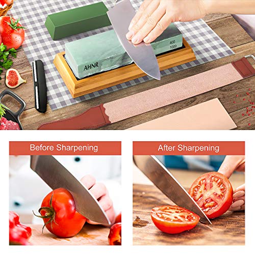 Knife Sharpening Stone Set - 4 Grit 400/1000 3000/8000, AHNR Whetstone Knife Sharpener Kit with Leather Razor Strop, Leather Honing Strop, Polishing Compound, Bamboo Base and Flattening Stone - Thumbnail 5
