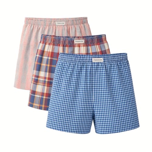 Men's Weaved Boxer Shorts, Pack of 3, Skin-friendly，Classic Patterns - Multicolor Gingham, Blue Check, Red Plaid （L-4XL）