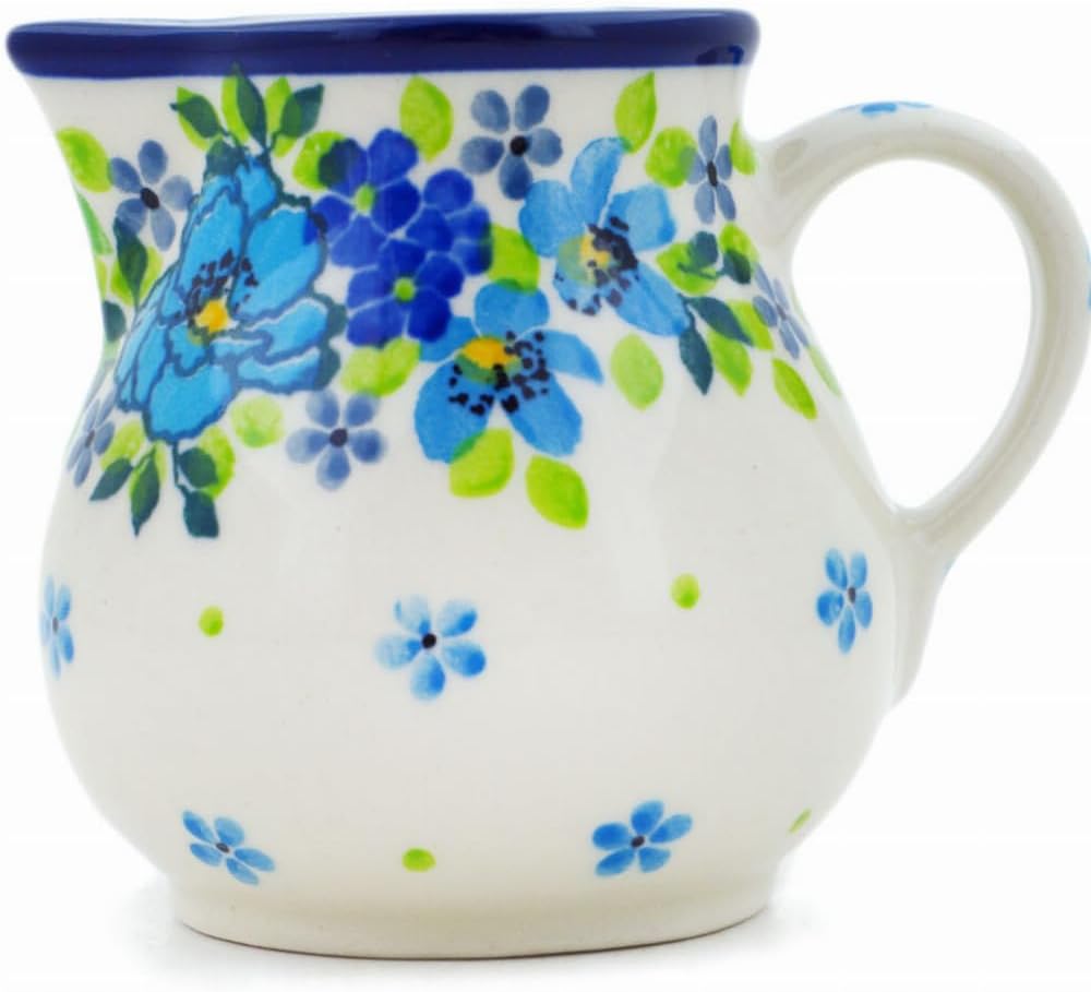 Polmedia Polish Pottery Creamer UNIKAT - Blue Kissed Petals Pattern Handmade in Boleslawiec Poland by Ceramika Artystyczna + Certificate of Authenticity