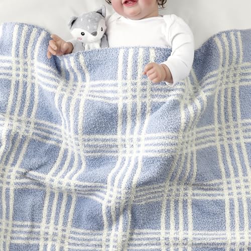 Image of CREVENT 30 inchX40 inch Cozy Soft Warm Knitted Baby Blanket for Girls Boys, Newborn Essentials for Infant, Baby Shower Receiving Gift - Line Checked Blue 75X100cm