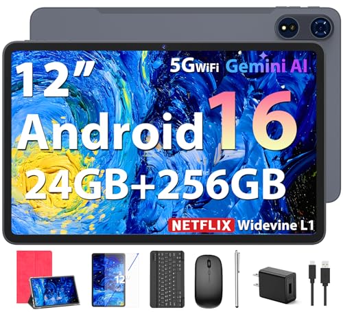 JJGJ 2026 12 Inch Android 16 Tablet with Keyboard, 24GB+256GB+2TB Expand, 2K Gemini AI Tablet with 5G WiFi, Octa-Core, 8000mAh, BT5.0, 16+8MP, 2 in 1 Tablets PC with Case, Mouse, Stylus (Pink Case)