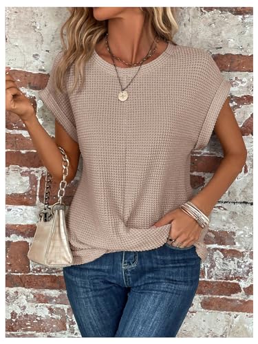 Floerns Women's Crew Neck Twist Front T Shirts Cap Sleeve Waffle Knit Casual Tee Tops2