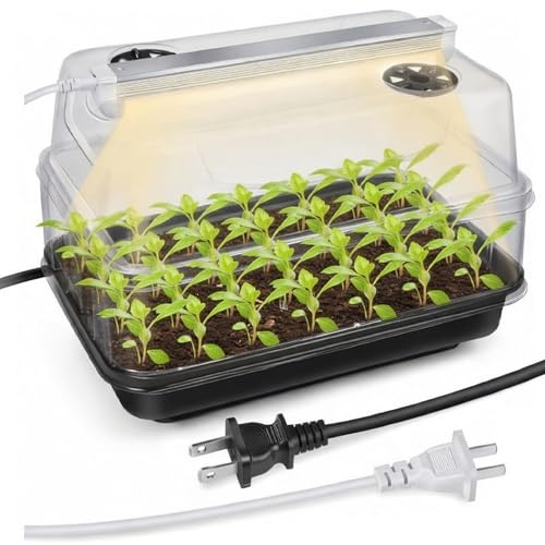Saillong Seed Starter Tray with Grow Lights, Seedling Heating Tray with 15'' x 8.2'' Adjustable Height Humidity Domes, Plant Germination Propagation Kit for Planting Seeds, Mini Greenhouse Indoor
