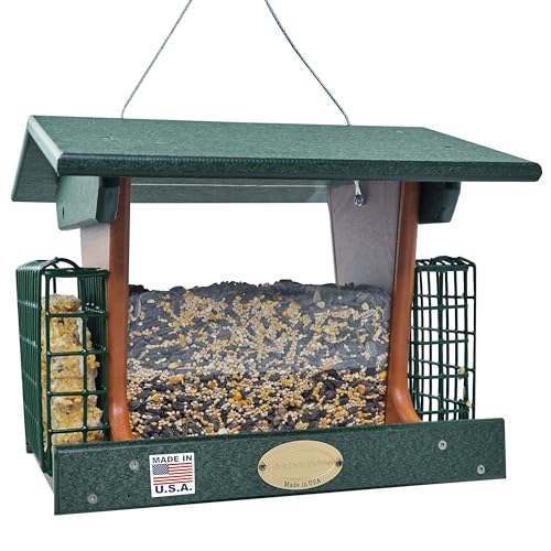 DutchCrafters Poly Hopper Bird Feeder with Suet Holder, Large Suet Feeder for Birds, Outdoor Hanging - Amish American Made (Turf Green & Cedar)