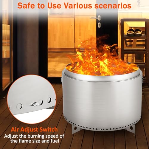 27 Inch Smokeless Fire Pit, Portable Stainless Steel Outdoor Fireplace - 360° Airflow Technology and Removable Ash Pan, Ideal for 6 or More People