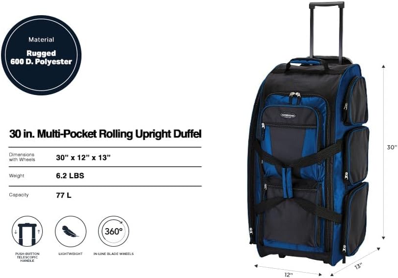 travelers club xpedition 30 inch multi-pocket upright rolling duffel bag 30" suitcase neon blue
