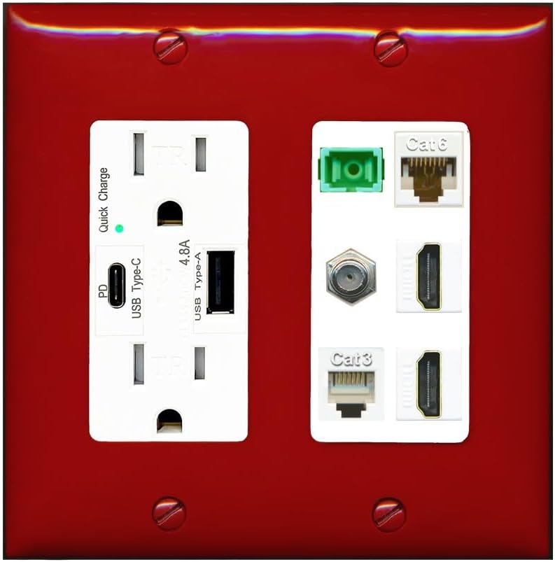 RiteAV 1 Port Fiber Optic Jack SC Simplex APC + Cat6 + Coax + 2 x HDMI + Phone Wall Plate - USB A+C Charger Outlet [White]
