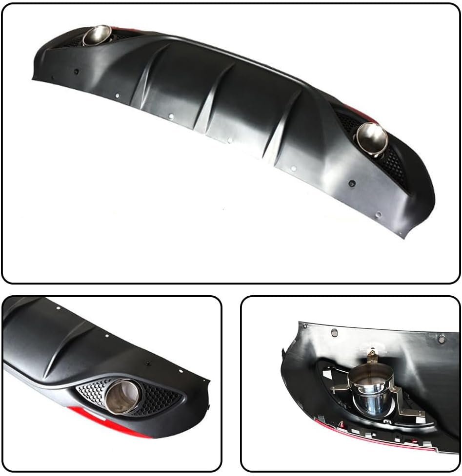 Rear Diffuser Compatible with Alfa Romeo Giulia Base Sedan 2016-2022 Black PP Rear Bumper Diffuser with Exhaust Pipe Tips (with Red Reflector)