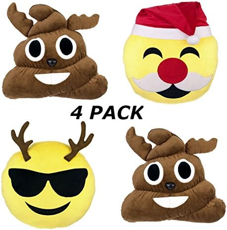 Emoji Christmas Pillow Bundle | 4 Expression Emoticons, 1 Santa, 2 Reindeer Poops & 1 Reindeer Cool Guy | Stuffed Plush Cushion for Christmas Gifts, Home Decorations & Decorative Couch Throw Pillow