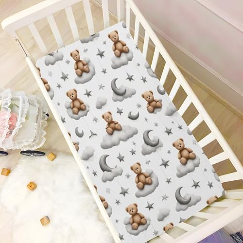 Image of Caikeny Fitted Crib Sheet for Boys Girls Kawaii Bears Moon Grey Clouds Baby Crib Sheets Stars Watercolor Bassinet Sheets Crib Mattress Bed Sheets for Toddler Newborn Infant 52 X 28 in