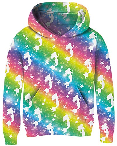 Teens Cool Mermaid Pullover Sweater for Girls Fasion Yellow Purple Rose Red Stripes Hoodies 13 14 Years Juniors 3D Print Long Sleeve Spring Outfits Young Boys School Loose Fit Sports Sweatshirts