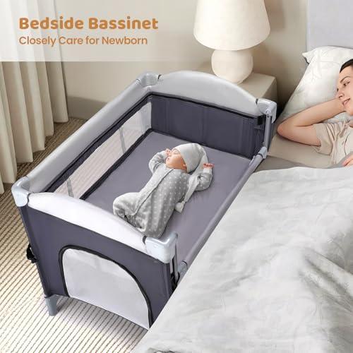 Image of JOYMOR Pack and Play with Changing Table, 5-in-1 Portable Baby Bedside Bassinet with Storage, Travel Crib with Carry Bag, Compact Fold (Gray)