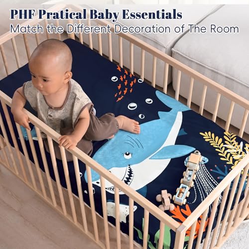Image of PHF 4 Pack Soft Shark Crib Sheets Fitted, Comfy Breathable Baby Sheets for Boys Girls, 28x52 Inches Fits Standard Crib and Toddler Mattresses, Shark