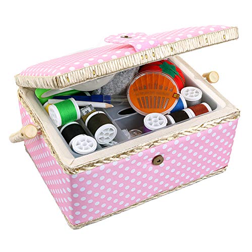 Large Basic Sewing Kit with Complete Sewing Kit Accessories Included Wooden Beginners Sewing Kit with Removable Tray and Tomato Pincushion for Sewing Mending - Pink