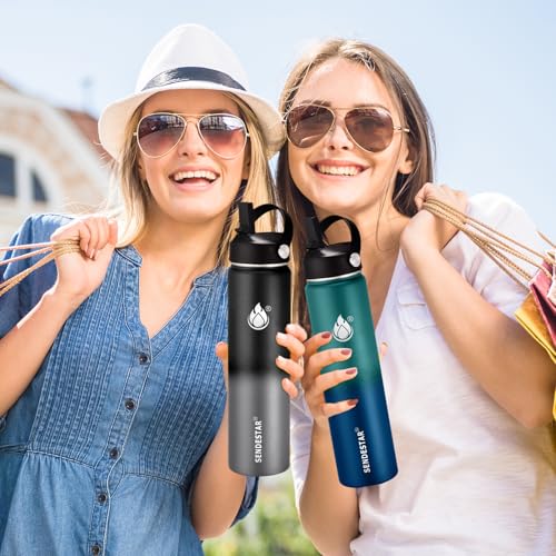 Image of SENDESTAR Insulated Water Bottle 24 OZ, Wide Mouth 24 oz Water Bottle with Straw Lid, Spout Lid, Double Wall Vacuum Stainless Steel Leak Proof, Keeps Liquids Hot or Cold (Green & Blue)