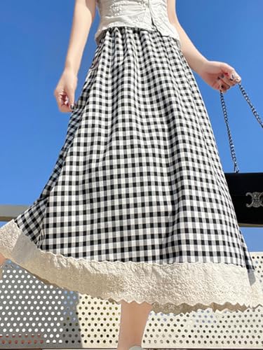 Women's High Waist Casual Plaid Gingham Skirt Lace Eyelet Ruffle Hem A Line Maxi Skirt2