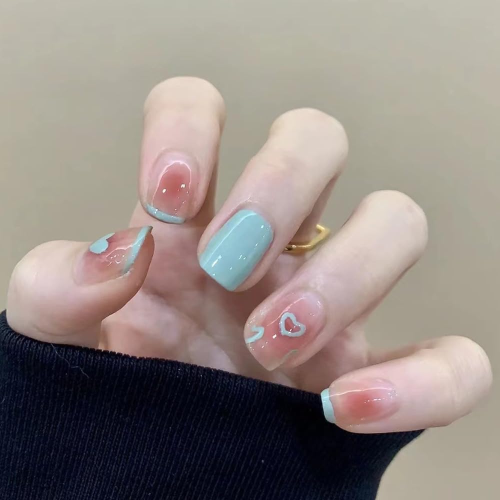 24PCS Short False Nails with Glue Stickers, Coffin Full Cover Acrylic Nails Press on Nails no Glue, Blue Edge Love French Fake Nails Stick on Nails for Women and Girls Nail Art