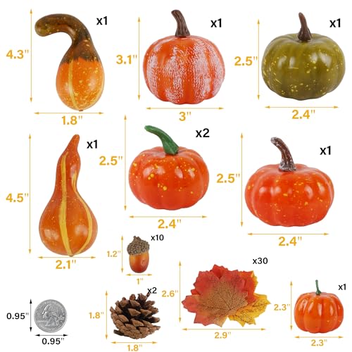winemana Fall Decorations for Home-6pcs Mini Pumpkins & 2pcs Gourds, 30pcs Leaves & 10pcs Acorns, 2pcs Pinecones Centerpiece Set -Thanksgiving Harvest Decor for Table Mantel (Largest: 4.5" x 2.1")