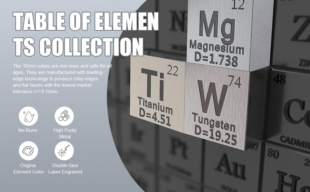 15-Teiliges Würfelset Aus Metallelementen – Dichtewürfel-Set für 1 Periodensystem der Elemente – Würfel Aus Reinem Wolfram (10 Mm), Gut Verarbeitet, 99.5%-99.99%
