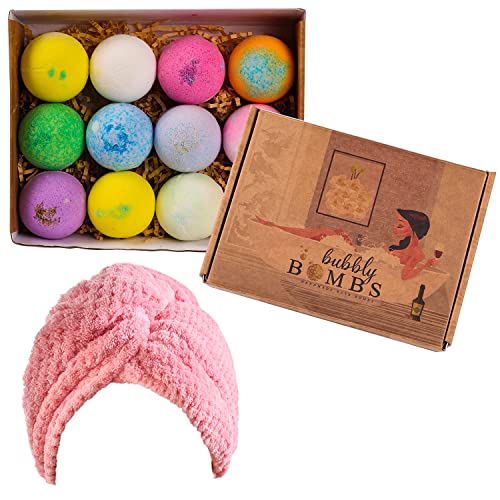 12 Bath Bombs Balls Gift Set Fizzes, Shea & Coco Butter Dry Skin Moisturizer Perfect for Bubble Spa Bath Handmade Unique Gift Surprise for Your Love Ones or Family Member (with Pink Hair Towel)