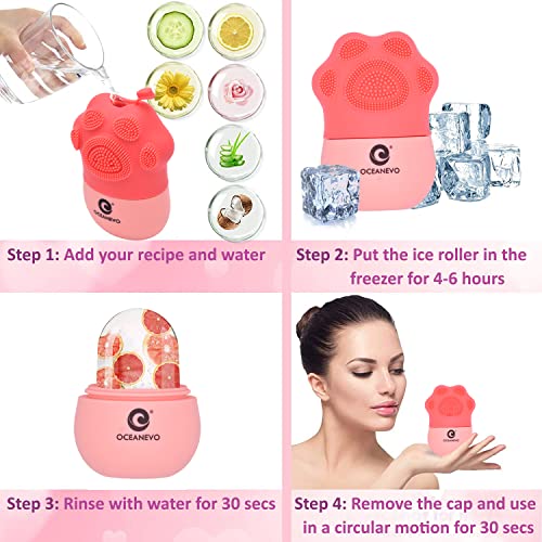 Image of OCEANEVO Silicone Facial Ice Roller , Ice Roller for Face With Bristles, Ice Cube Roller Massager for Face and Eye Puffiness Relief - 11 cm x 7 cm - Pink