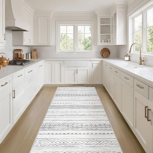 Nakagishi Runner Rug Kitchen Washable Rugs: 2x6 Non-Slip Boho Soft Modern Stain Resistant Indoor Floor Neutral Farmhouse Throw Carpet for Hallway Bathroom Laundry Room Entryway Bedroom- Grey