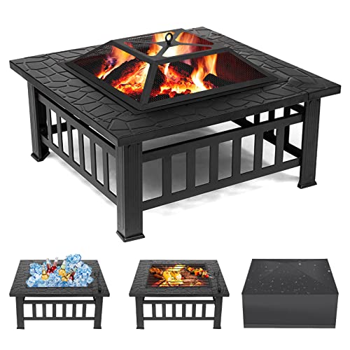 32 Inch Fire Pit Table For Outside Heavy Duty 3 In 1 Metal Square Firepit Table With Spark Screen Cover Log Grate And Poker For Outside Wood Burning And Bbq Drink Cooling #TOP12