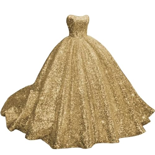 Mouccy Sparkly Strapless Sequin Quinceanera Dresses with Train Puffy Prom Dresses Long Ball Gown for Women Sweet 15 16 Dress